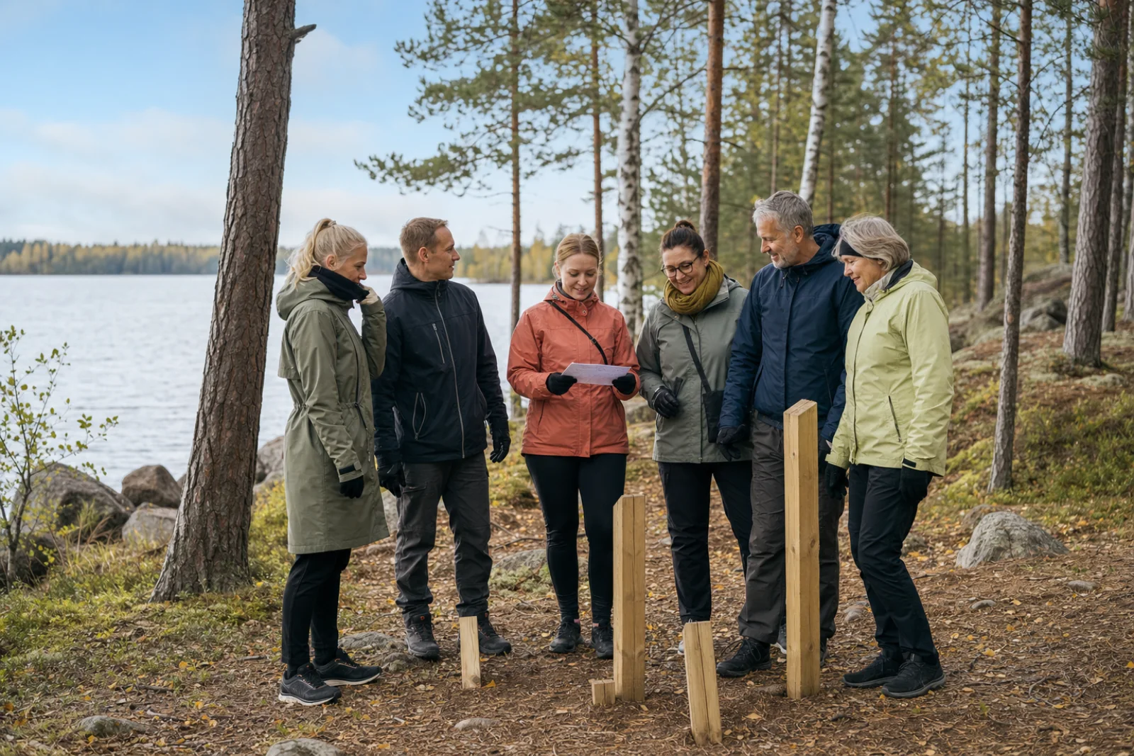 Työporukka ratkaisee yhdessä rentoa ulkoilutehtävää järven rannalla.